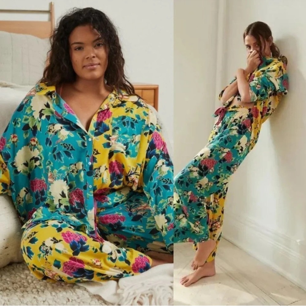 New🌟Anthropologie- Sweet Dreams Chartreuse Floral Lounge Set - Picture 7 of 8
